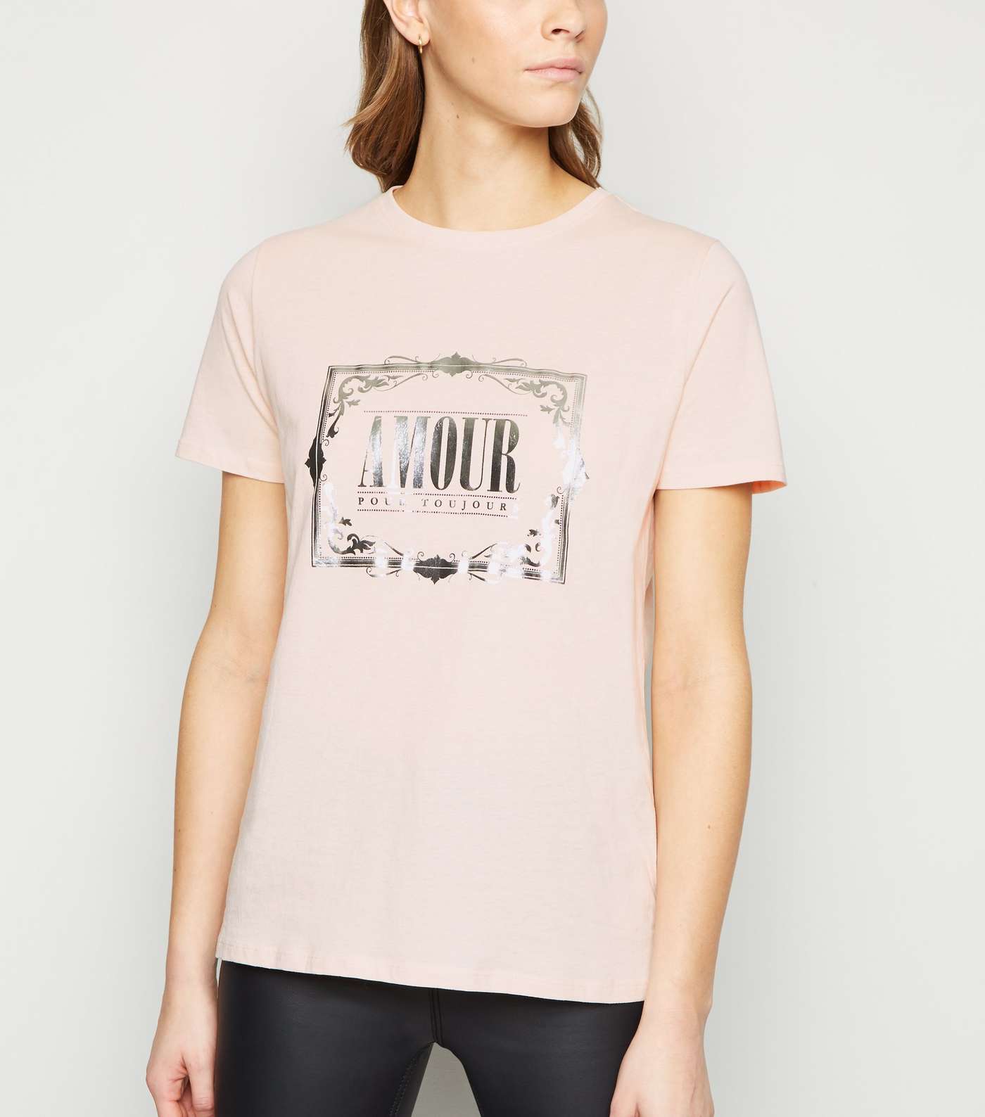 Pale Pink Amour Metallic Slogan T-Shirt