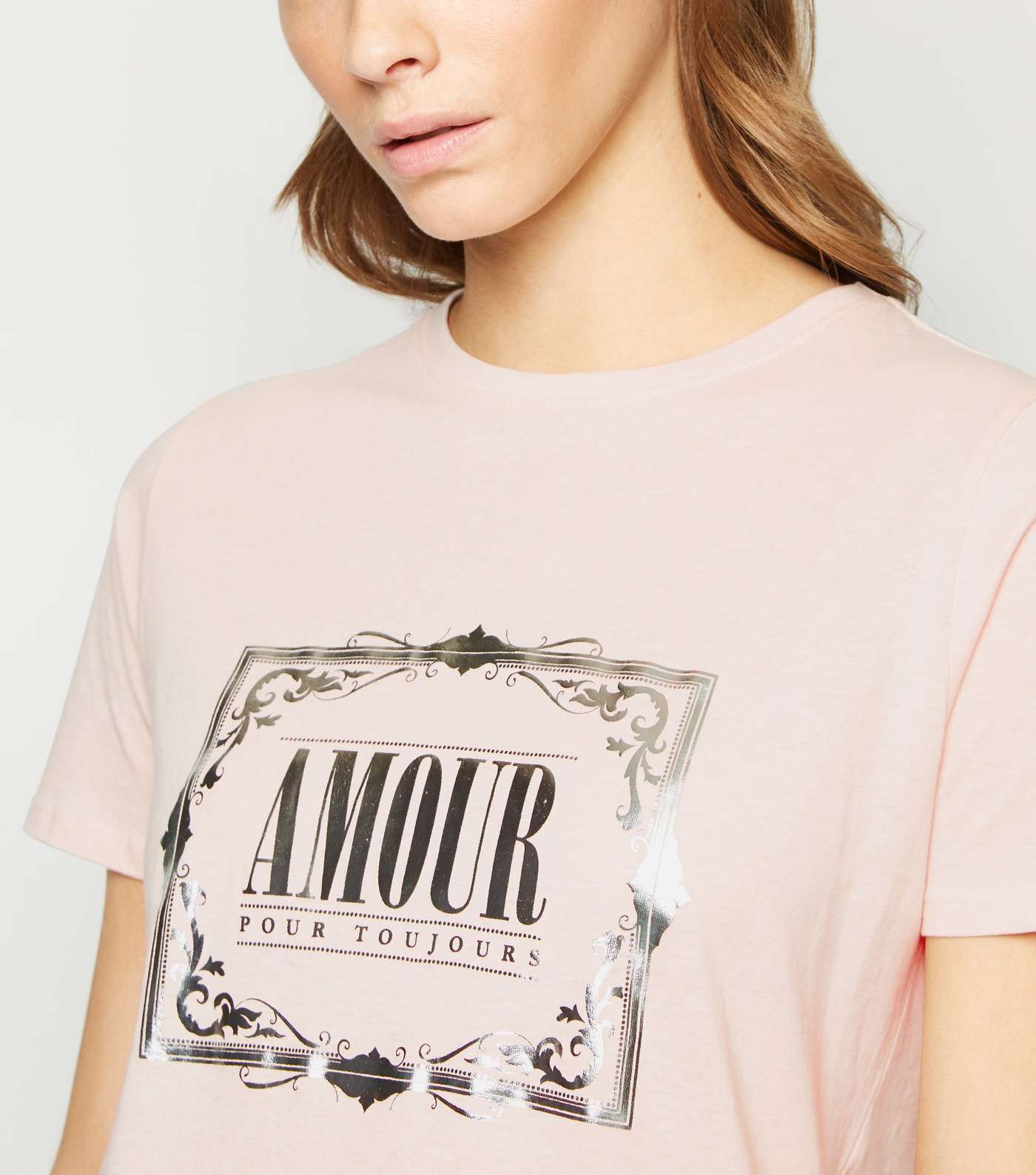 Pale Pink Amour Metallic Slogan T-Shirt Image 5
