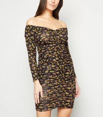 black ruched bardot dress