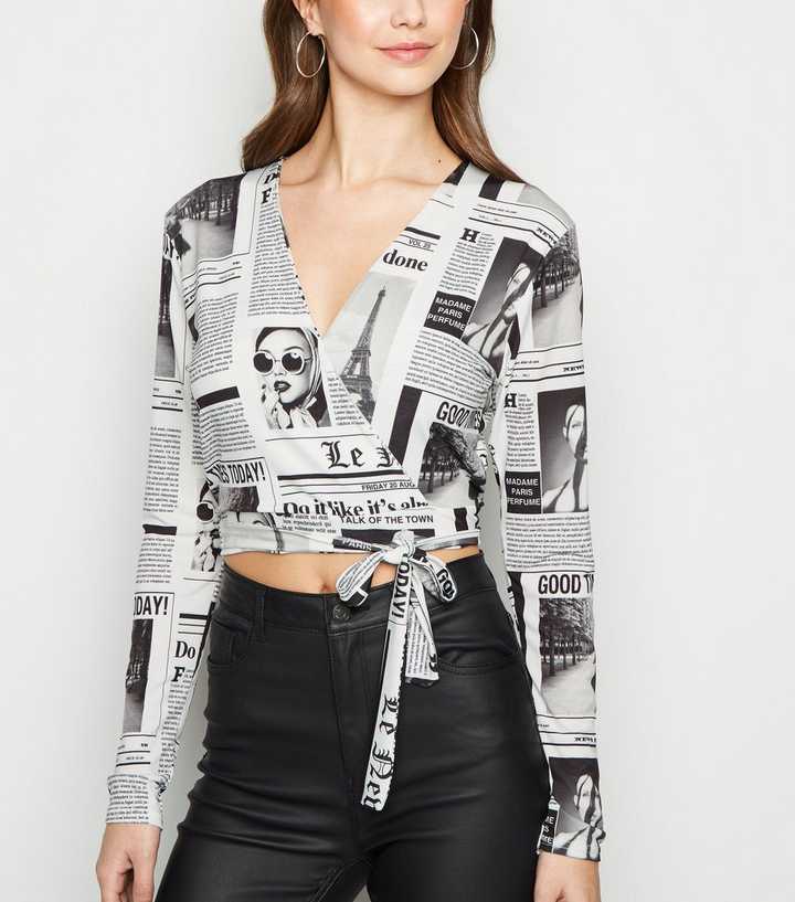 Cameo Rose Black Newspaper Print Wrap Top