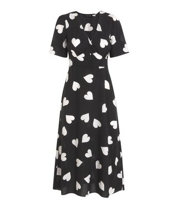 Black Button Front Heart Midi Dress New Look