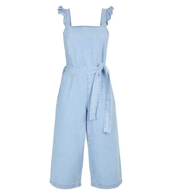 Petite Blue Denim Frill Strap Crop Jumpsuit