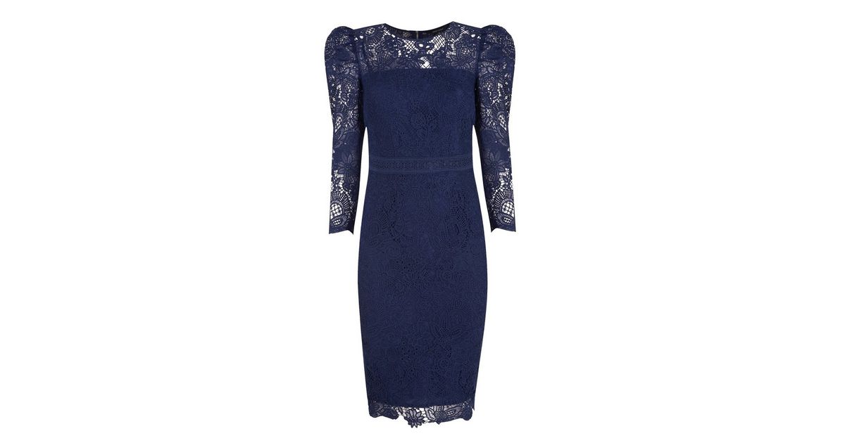 Navy Lace Puff Sleeve Bodycon Dress New Look