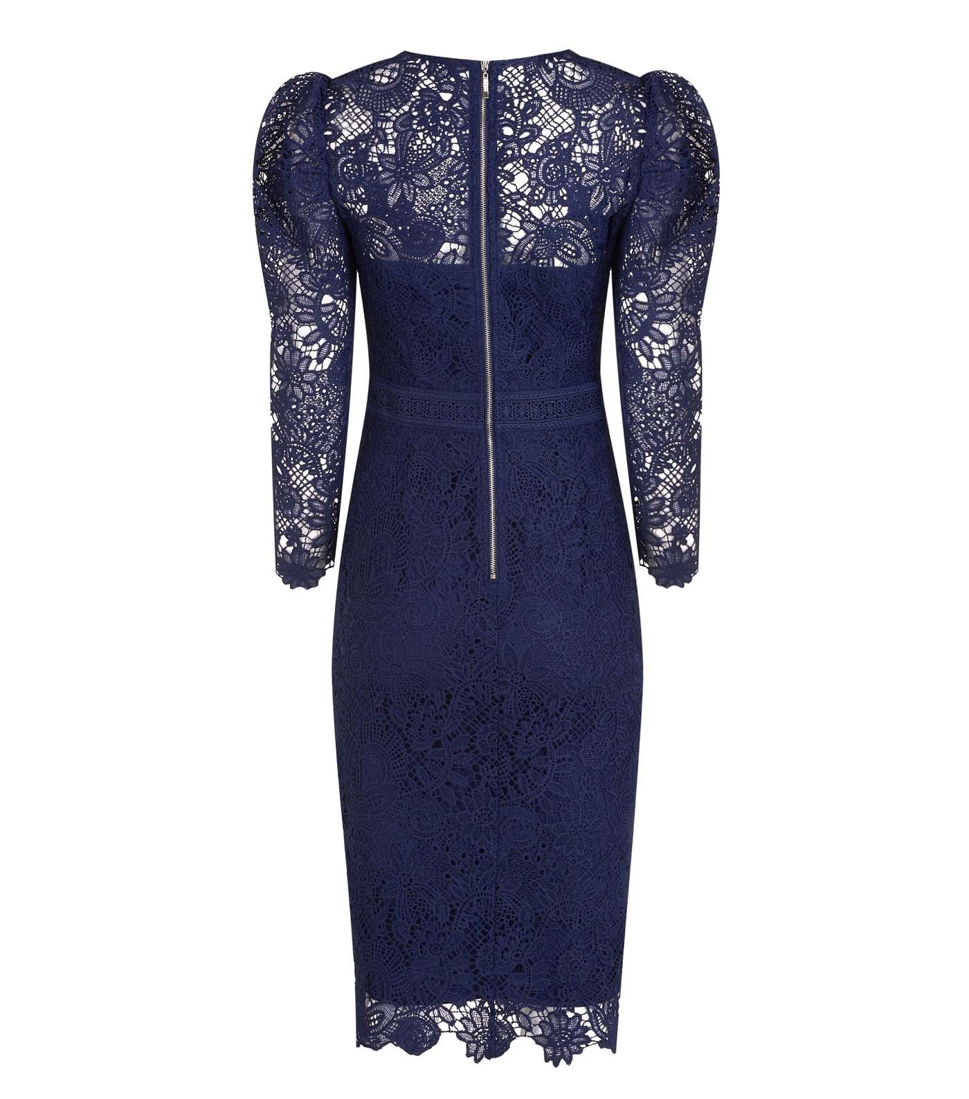 Navy Lace Puff Sleeve Bodycon Dress Image 2