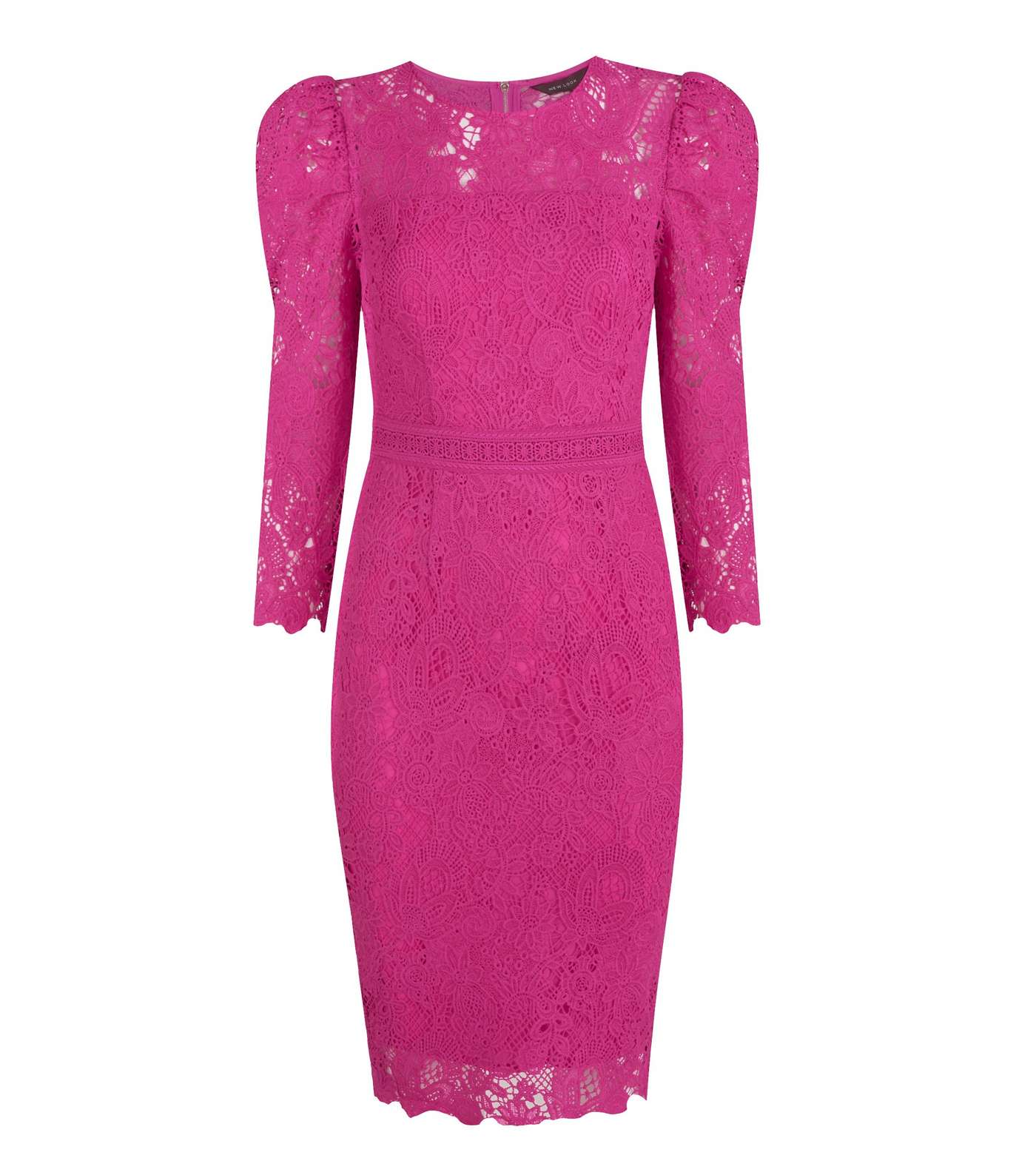 Bright Pink Lace Puff Sleeve Bodycon Dress
