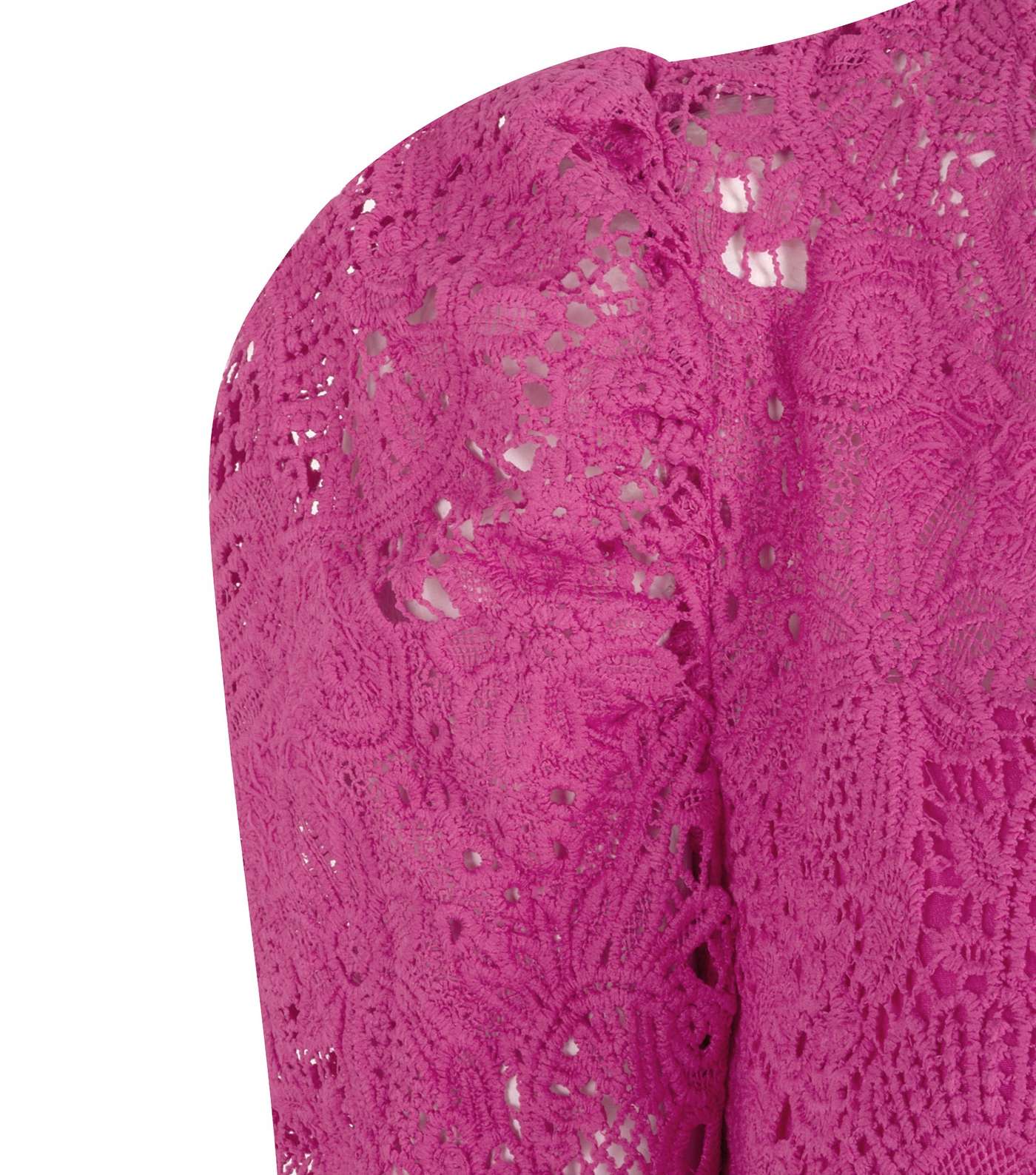 Bright Pink Lace Puff Sleeve Bodycon Dress Image 3
