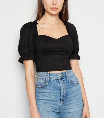 Image of Black Glitter Bustier Puff Sleeve Crop Top New Look