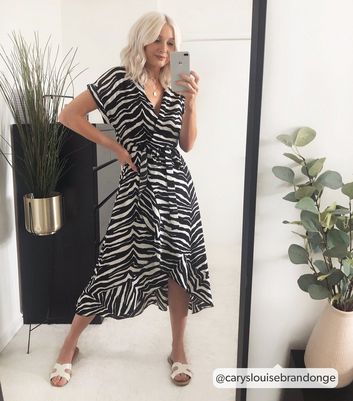 Black Zebra Print Ruffle Midi Dress New Look