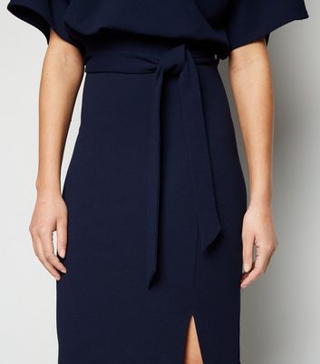 Navy Belted Side Split Maxi Dress | New 