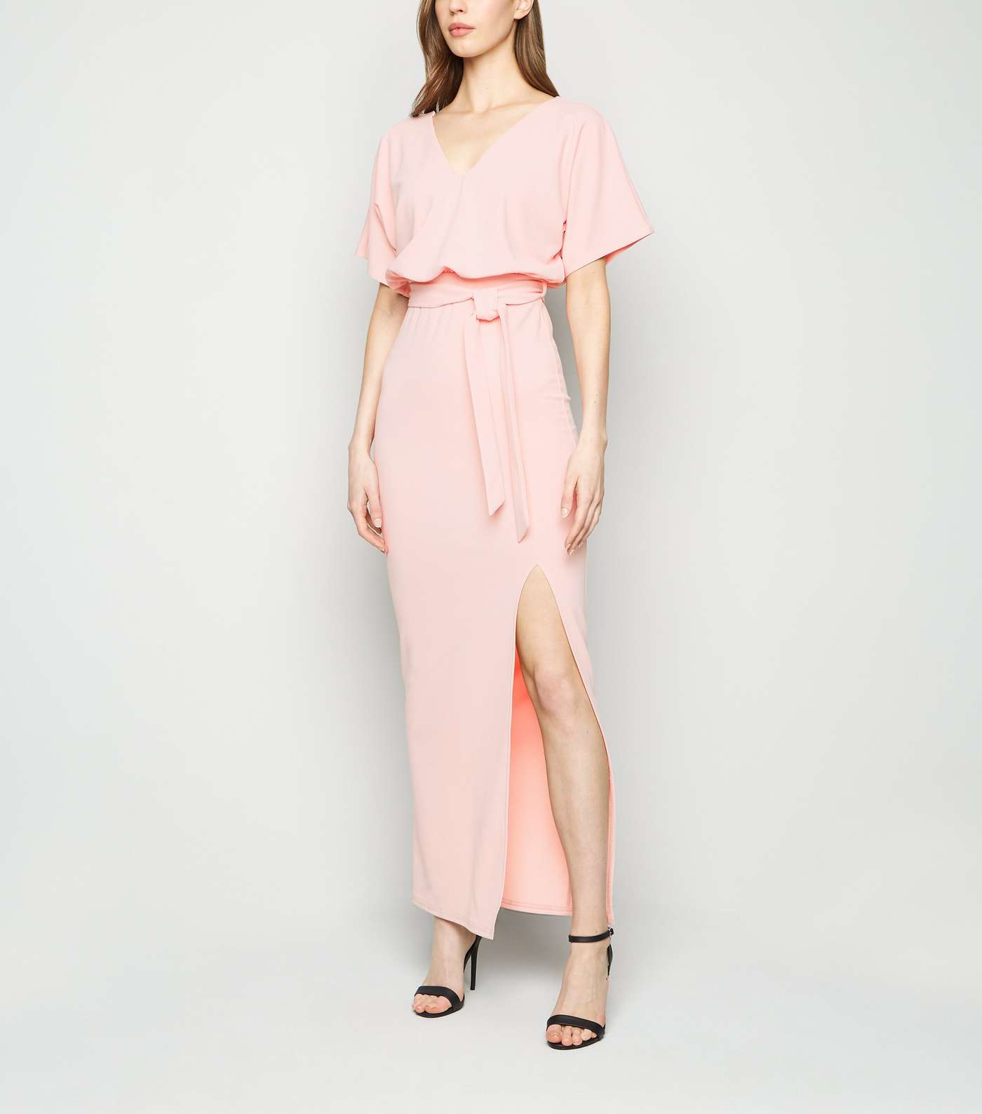 Pale Pink Belted Side Split Maxi Dress