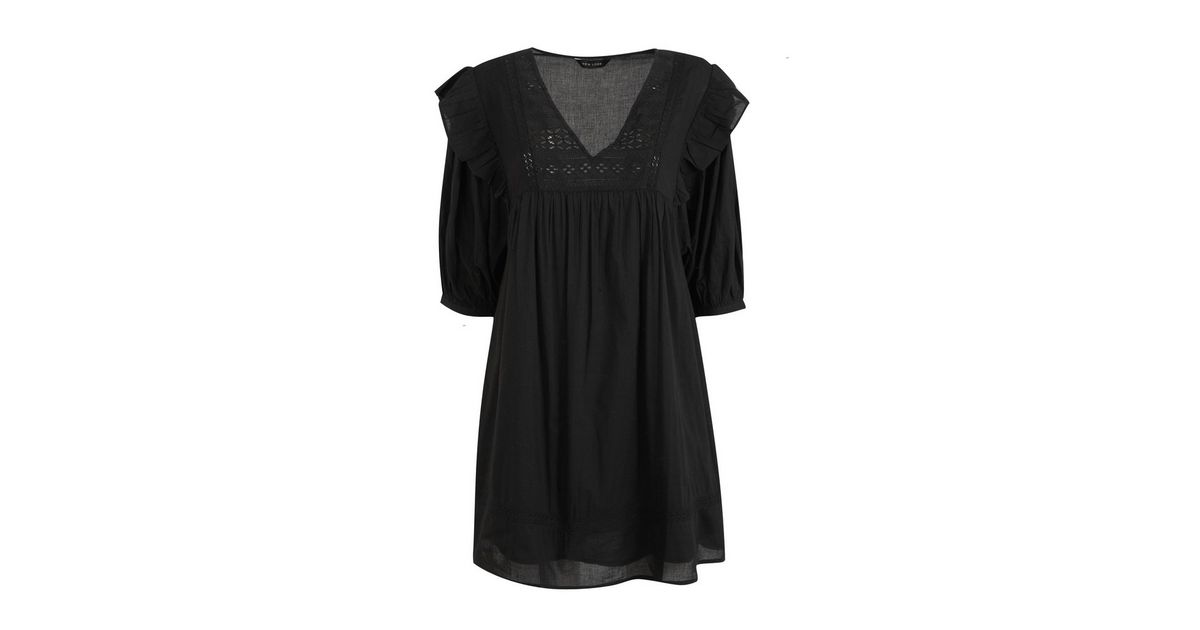 Black Embroidered Frill Trim Mini Smock Dress | New Look