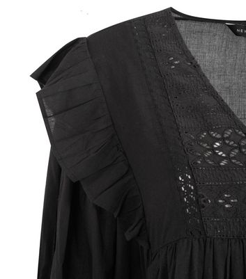 Image of Black Embroidered Frill Trim Mini Smock Dress New Look