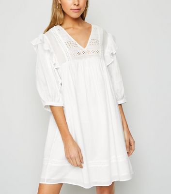 Image of White Embroidered Frill Trim Mini Smock Dress New Look