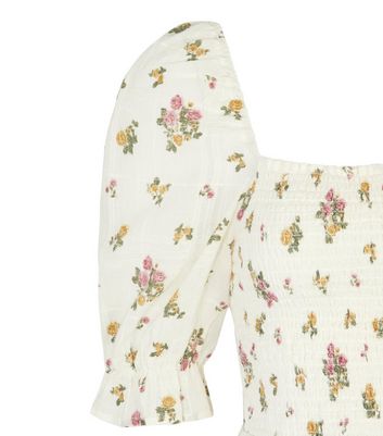 White Floral Shirred Puff Sleeve Midi 