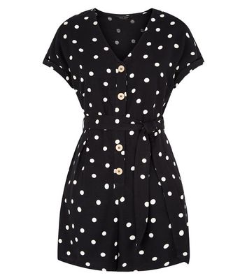 Image of Black Spot Button Front Belted Playsuit New Look