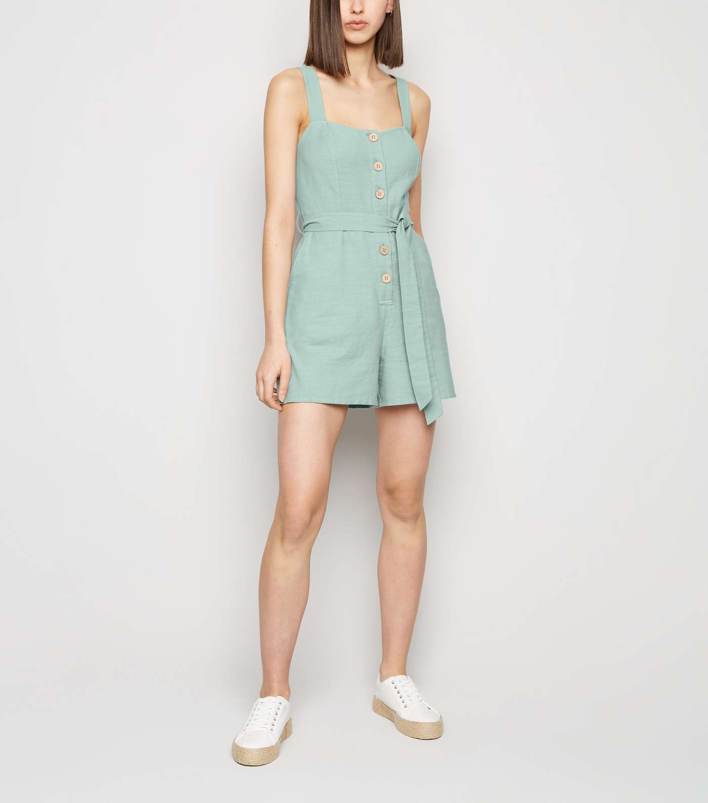 Light Green Button Front Tie Playsuit Image 2