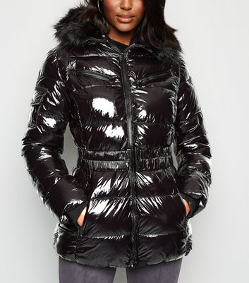 cameo rose black patent faux fur trim puffer jacket
