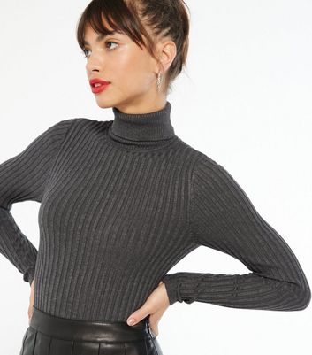 Image of Dark Grey Ribbed Knit Roll Neck Jumper New Look