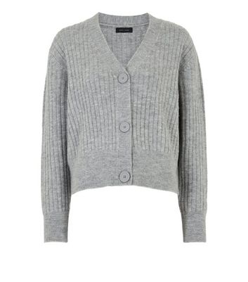 Grey Ribbed Knit Button Up Cardigan New Look