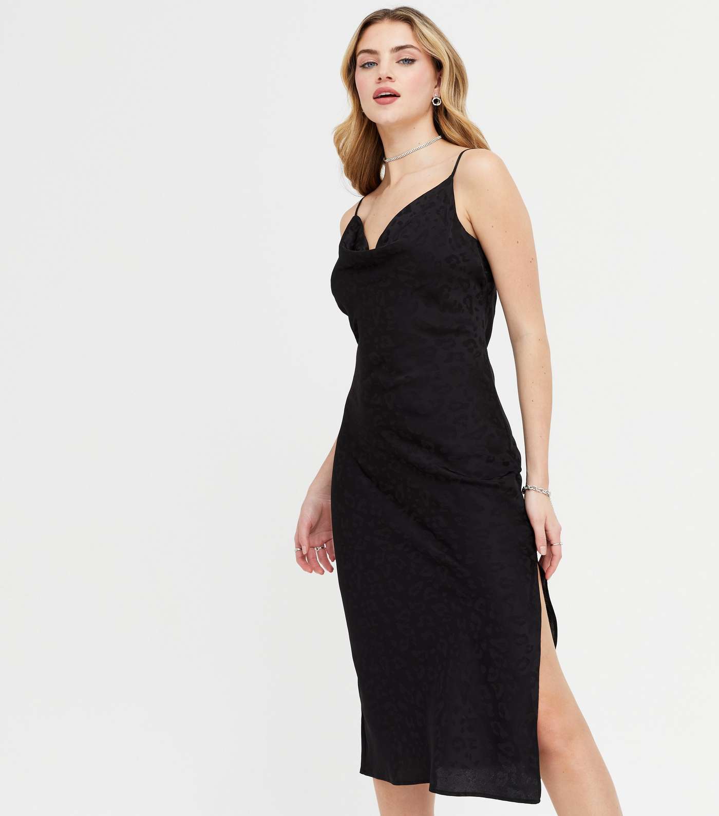 Black Satin Animal Jacquard Midi Slip Dress