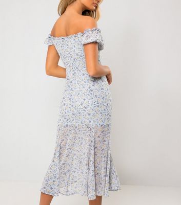 Image of Urban Bliss Blue Floral Bardot Midi Dress New Look