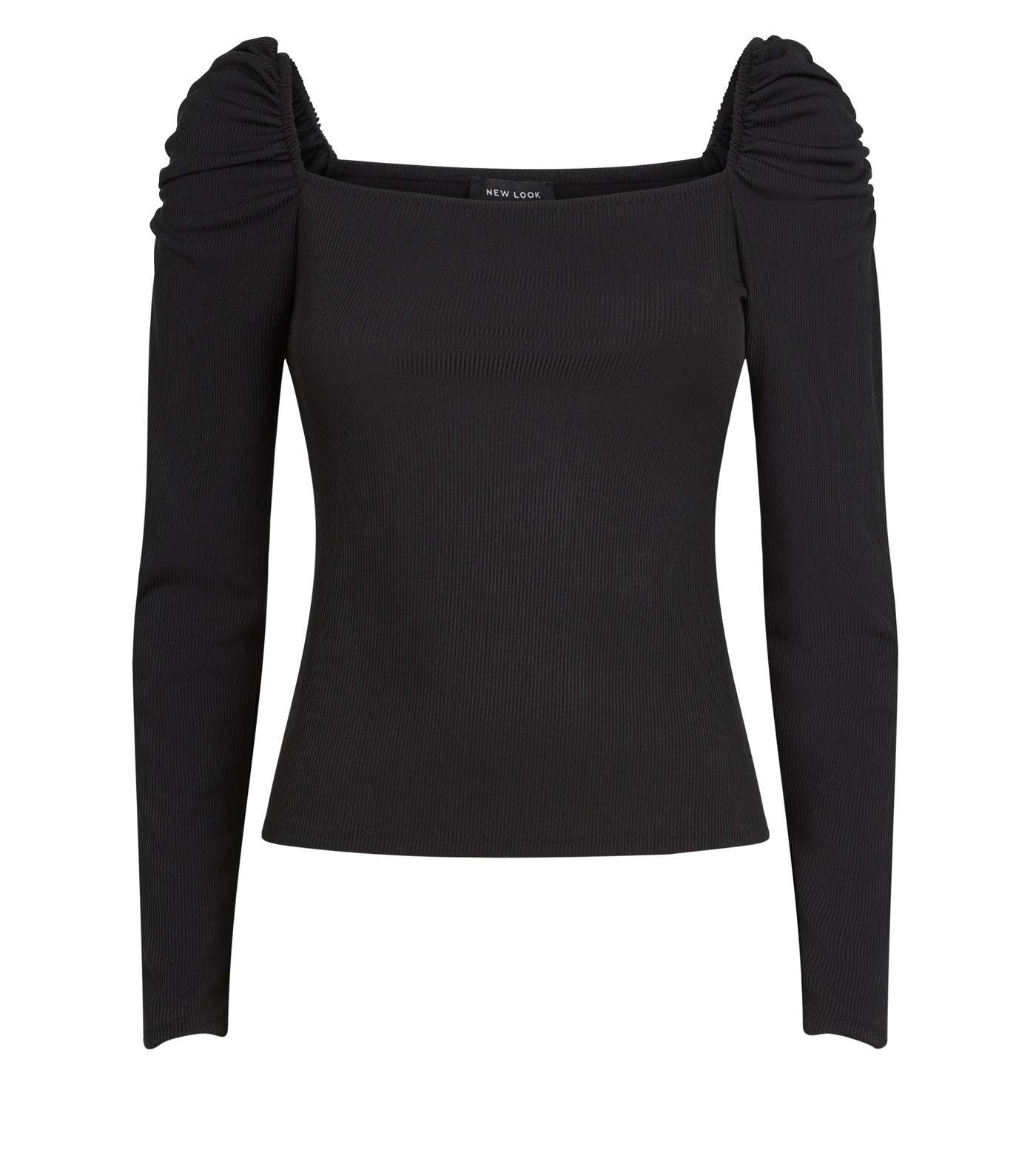 Black Ribbed Square Neck Puff Sleeve Top Image 4