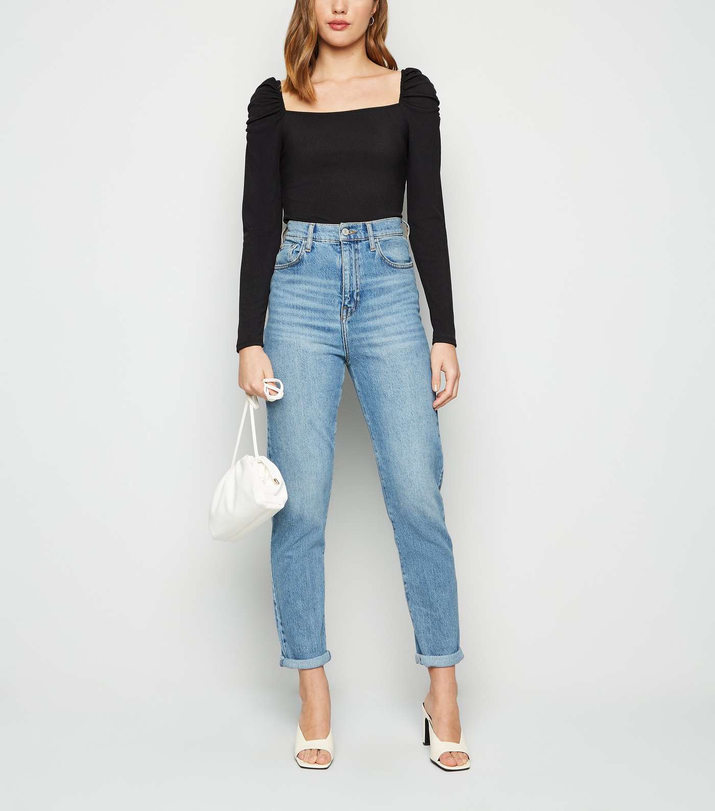 Black Ribbed Square Neck Puff Sleeve Top Image 2