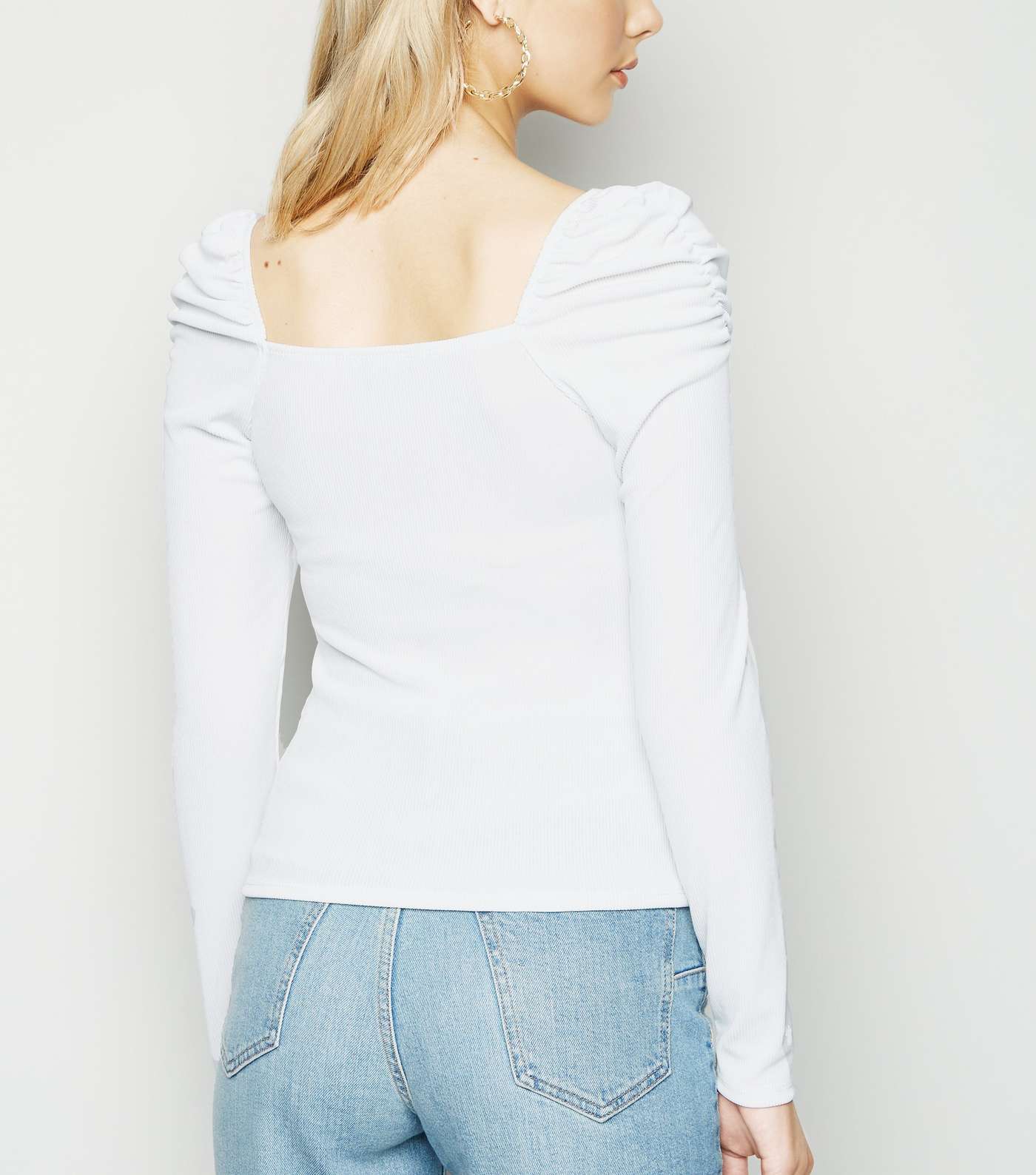 Cream Ribbed Square Neck Puff Sleeve Top Image 3