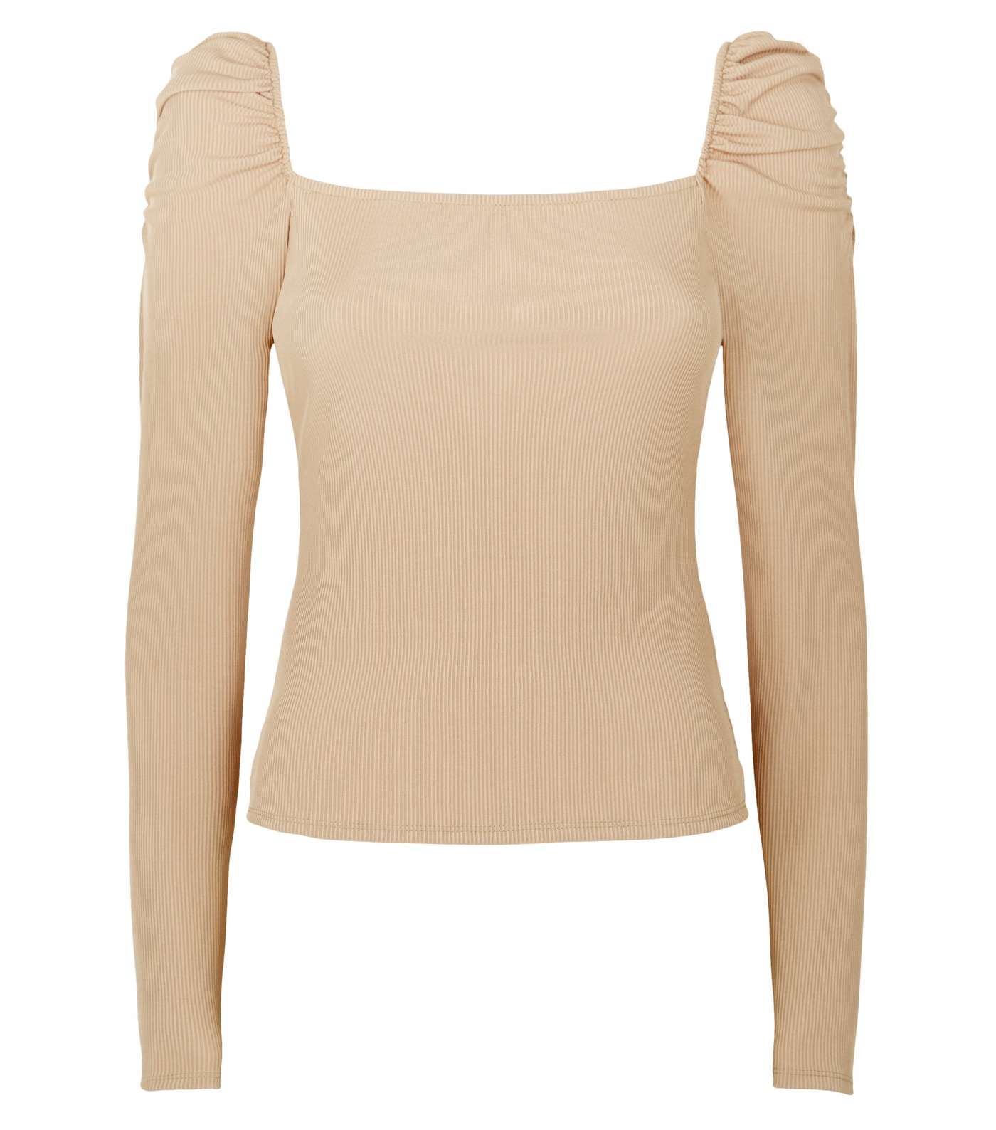 Camel Ribbed Square Neck Puff Sleeve Top Image 4
