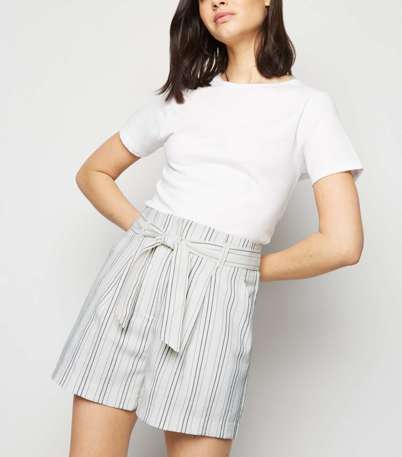 Off White Stripe Linen Look Belted Shorts 