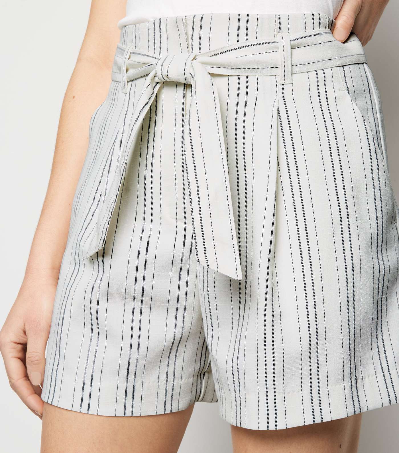 Off White Stripe Linen Look Belted Shorts  Image 5