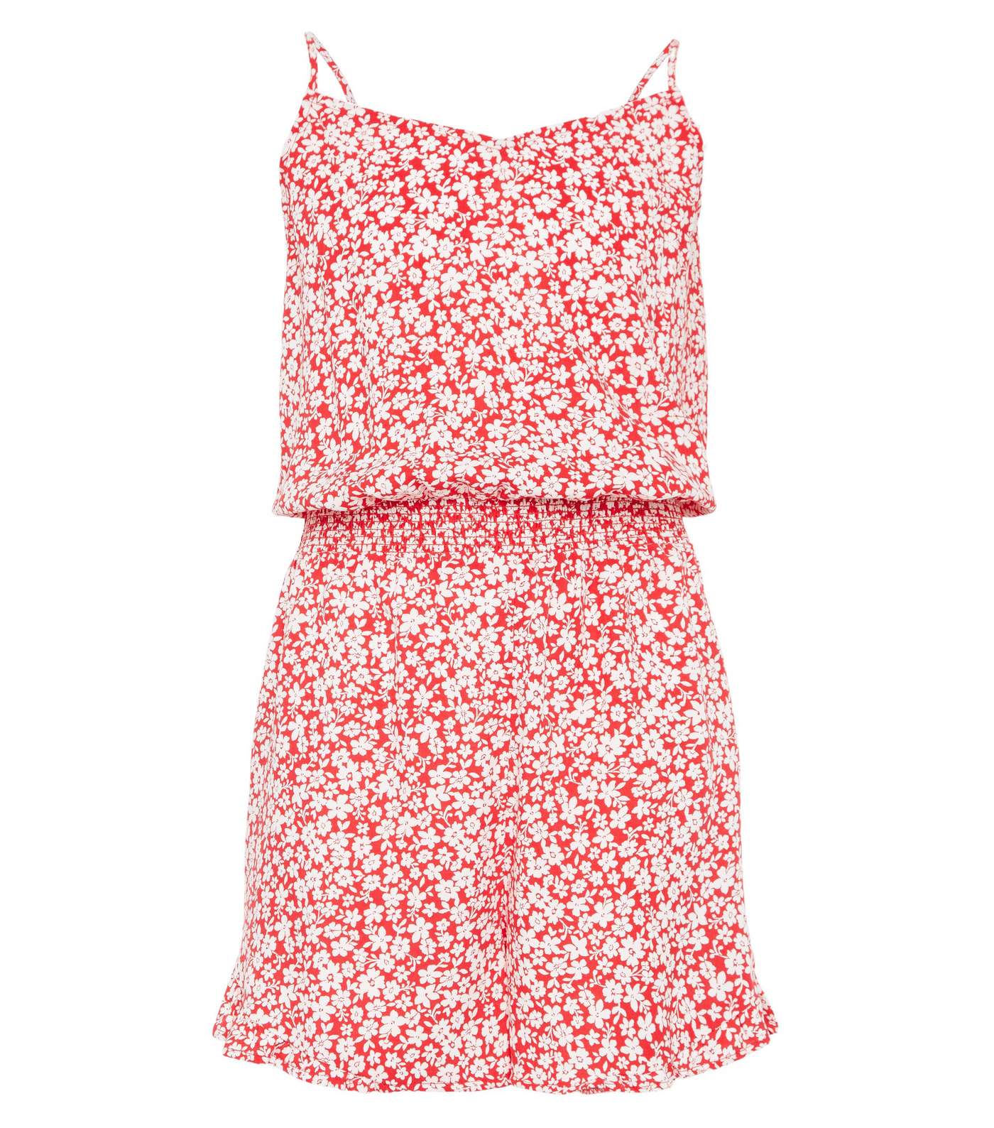 Girls Red Ditsy Floral Frill Trim Playsuit Image 4
