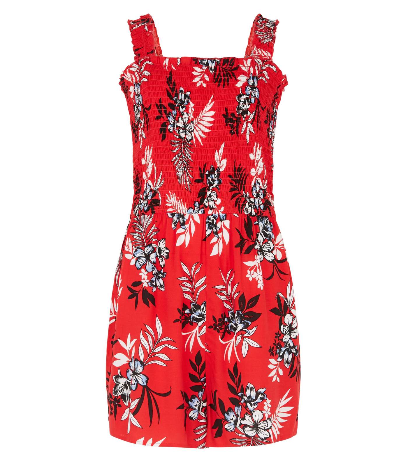 Girls Red Tropical Shirred Playsuit Image 4
