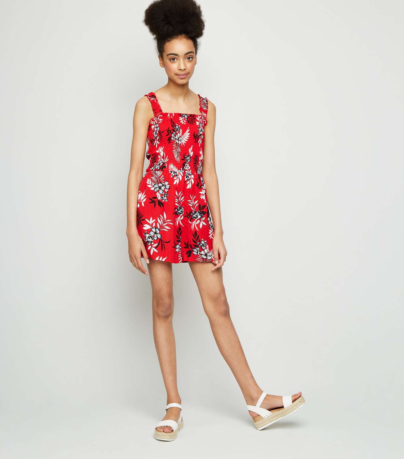 Girls Red Tropical Shirred Playsuit Image 2