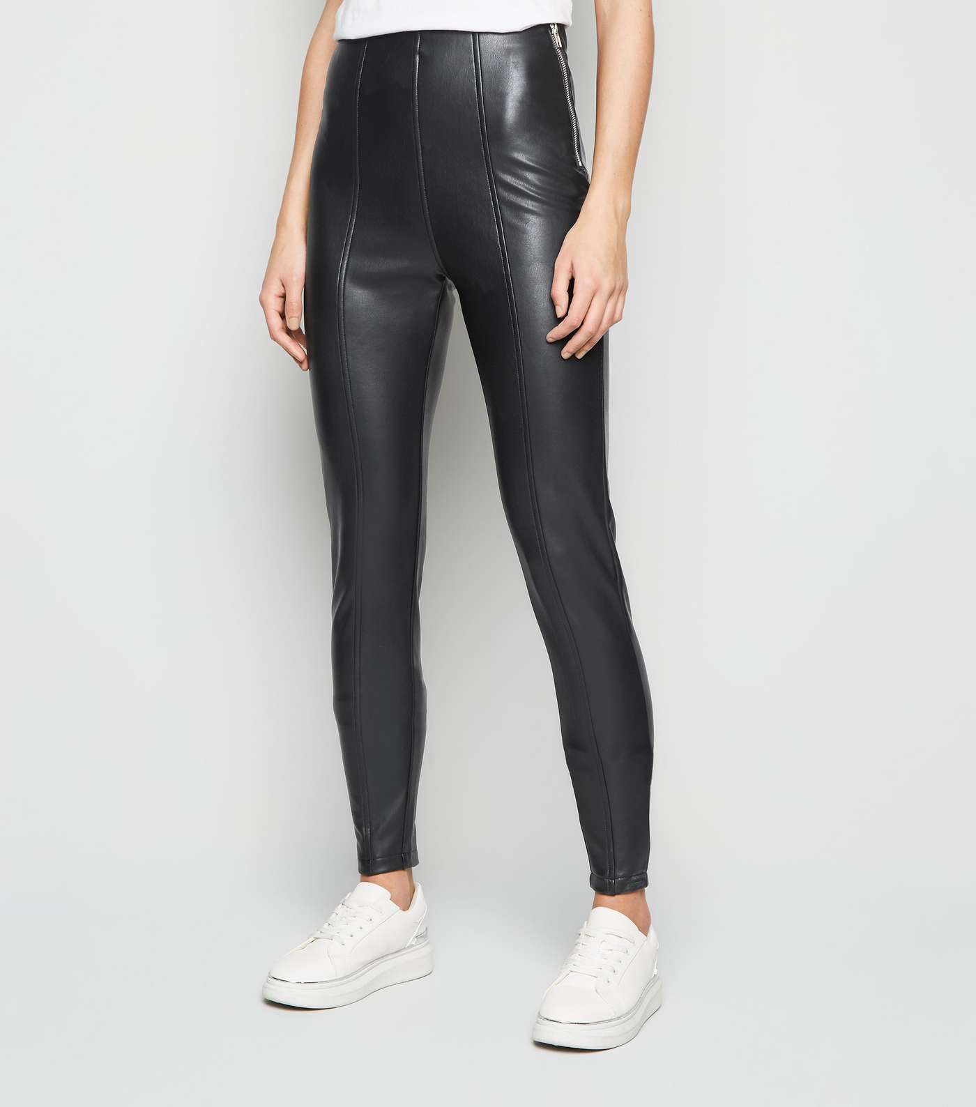 Tall Black Coated Leather-Look Zip Leggings Image 2