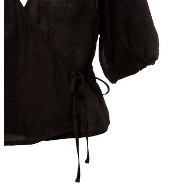 Image of Black Crinkle Puff Sleeve Wrap Top New Look