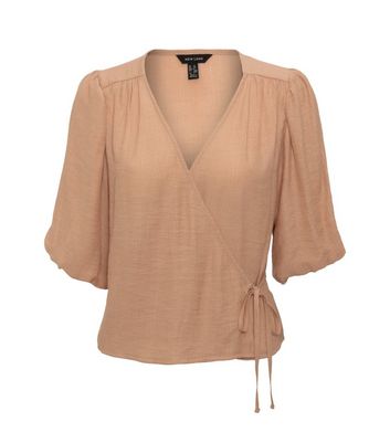 Image of Pale Pink Crinkle Puff Sleeve Wrap Top New Look