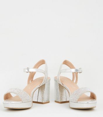 silver peep toe block heels