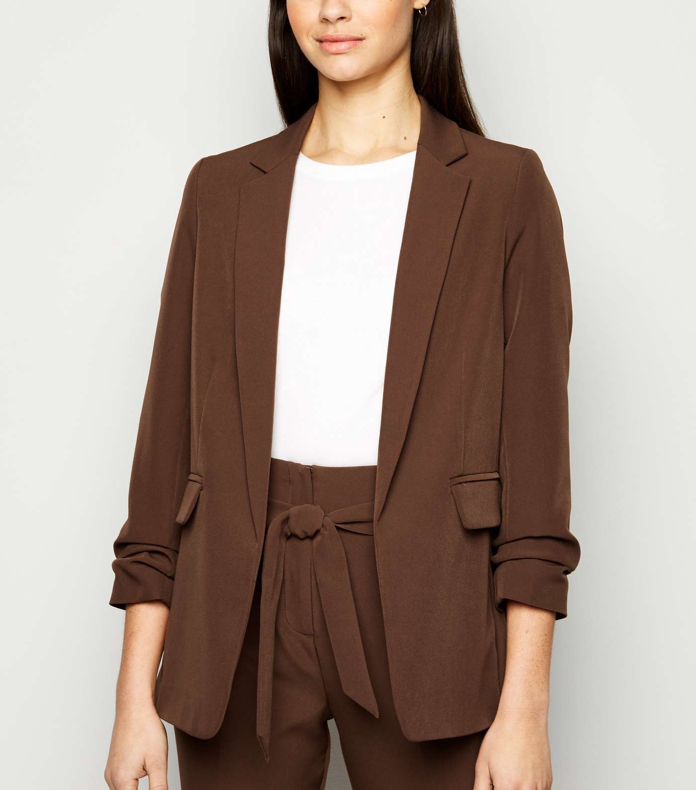 Brown Ruched Sleeve Long Blazer 