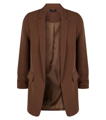 Brown Ruched Sleeve Long Blazer | New Look