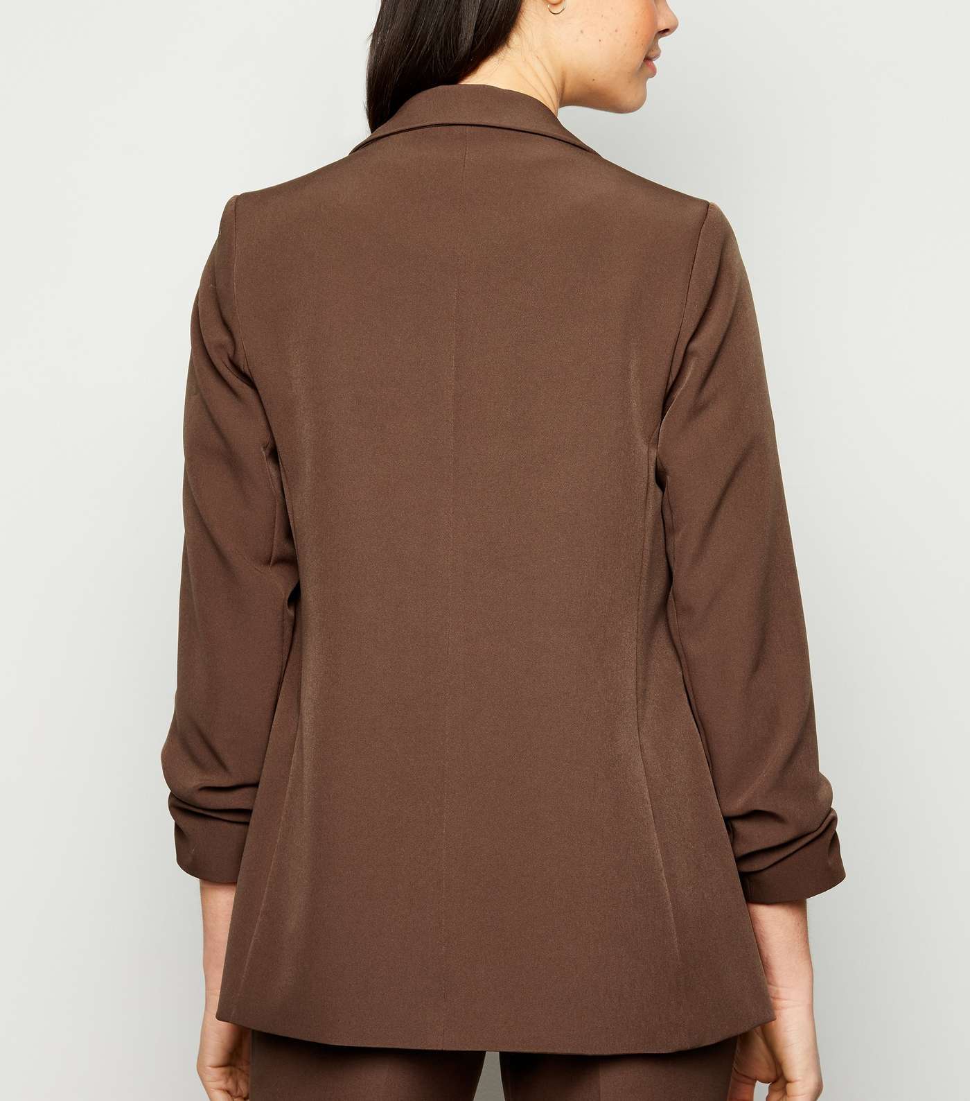 Brown Ruched Sleeve Long Blazer  Image 3