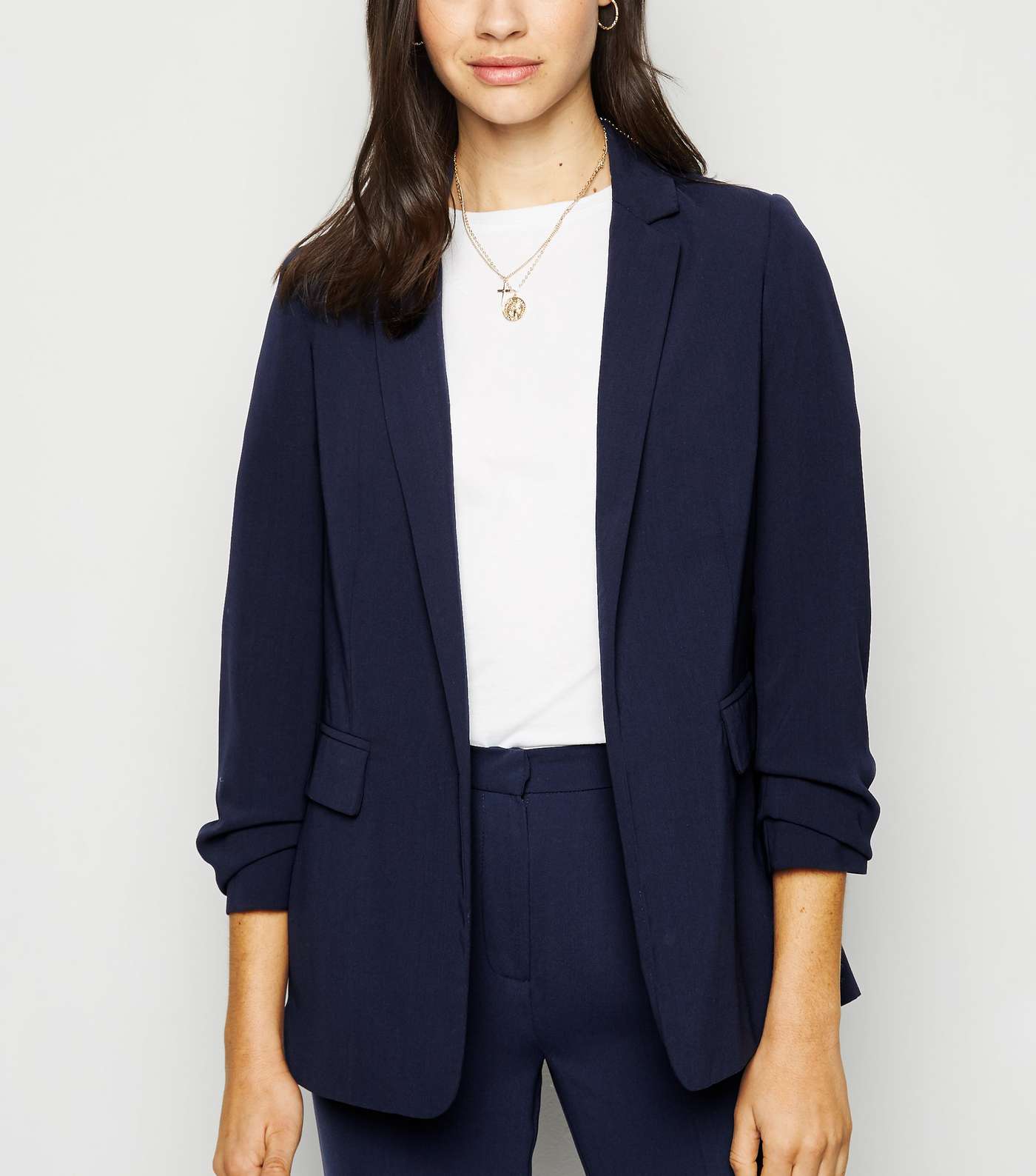 Navy Ruched Sleeve Long Blazer 