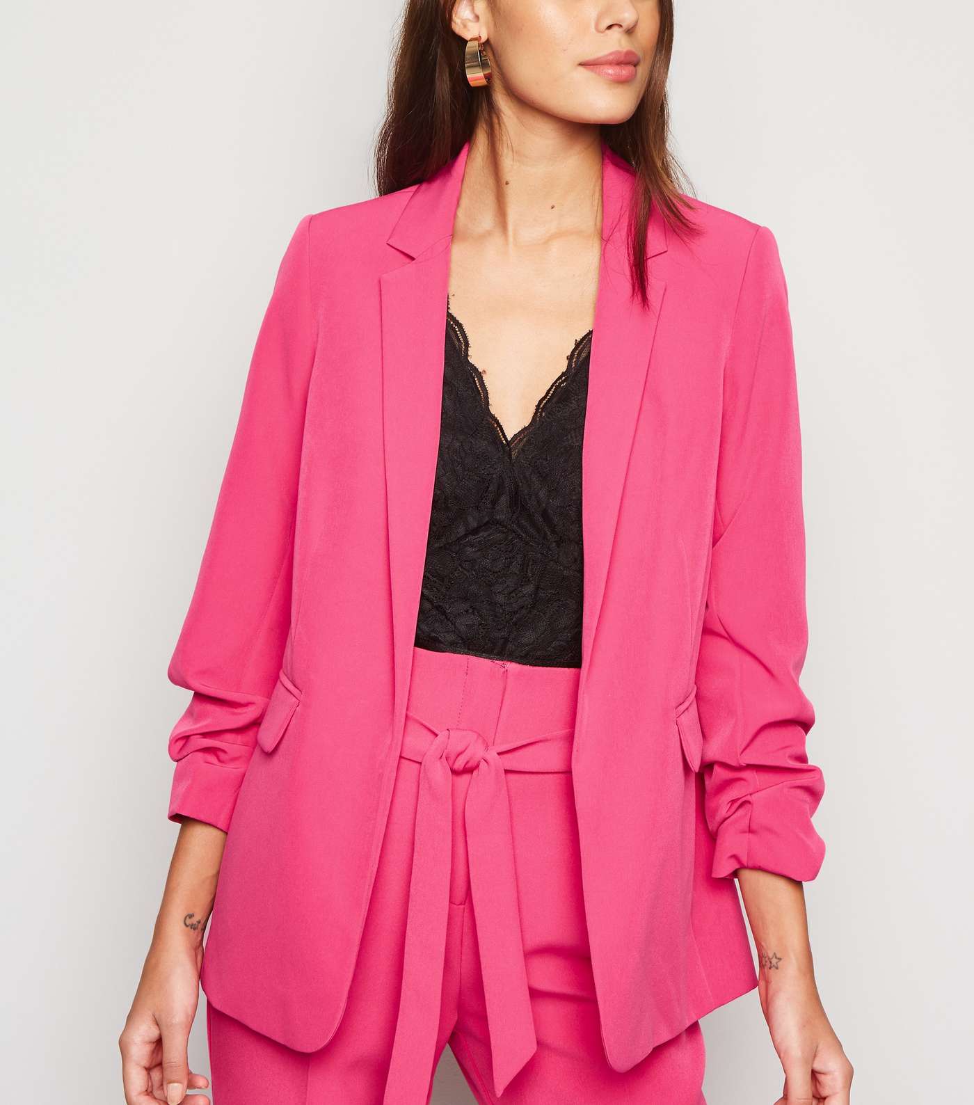 Bright Pink Ruched Sleeve Long Blazer 
