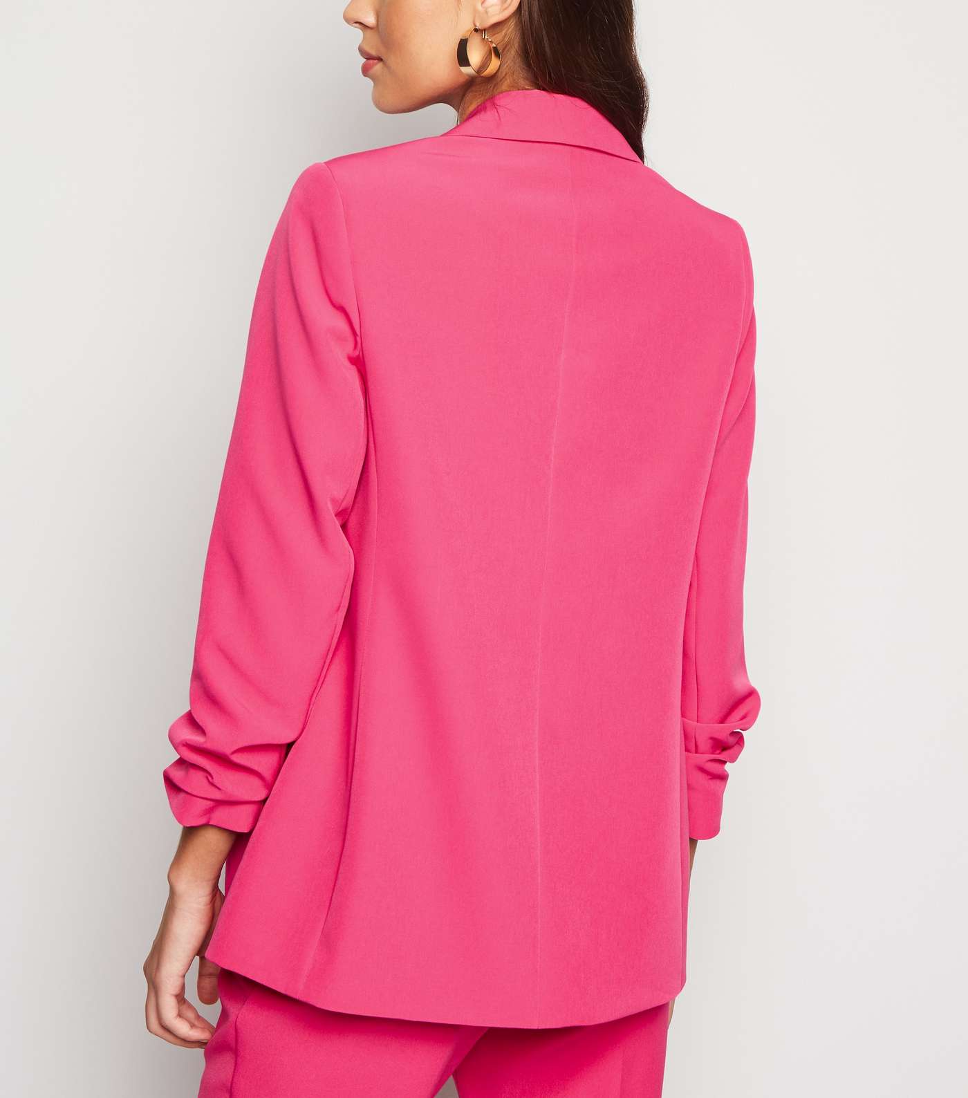 Bright Pink Ruched Sleeve Long Blazer  Image 3