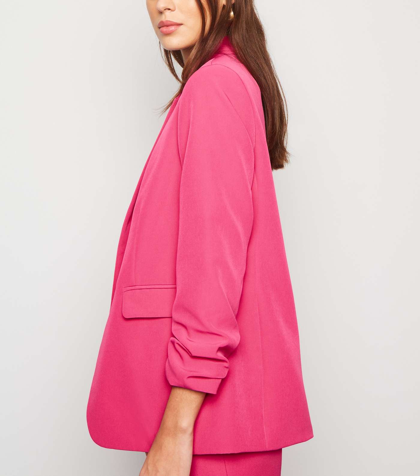 Bright Pink Ruched Sleeve Long Blazer  Image 5
