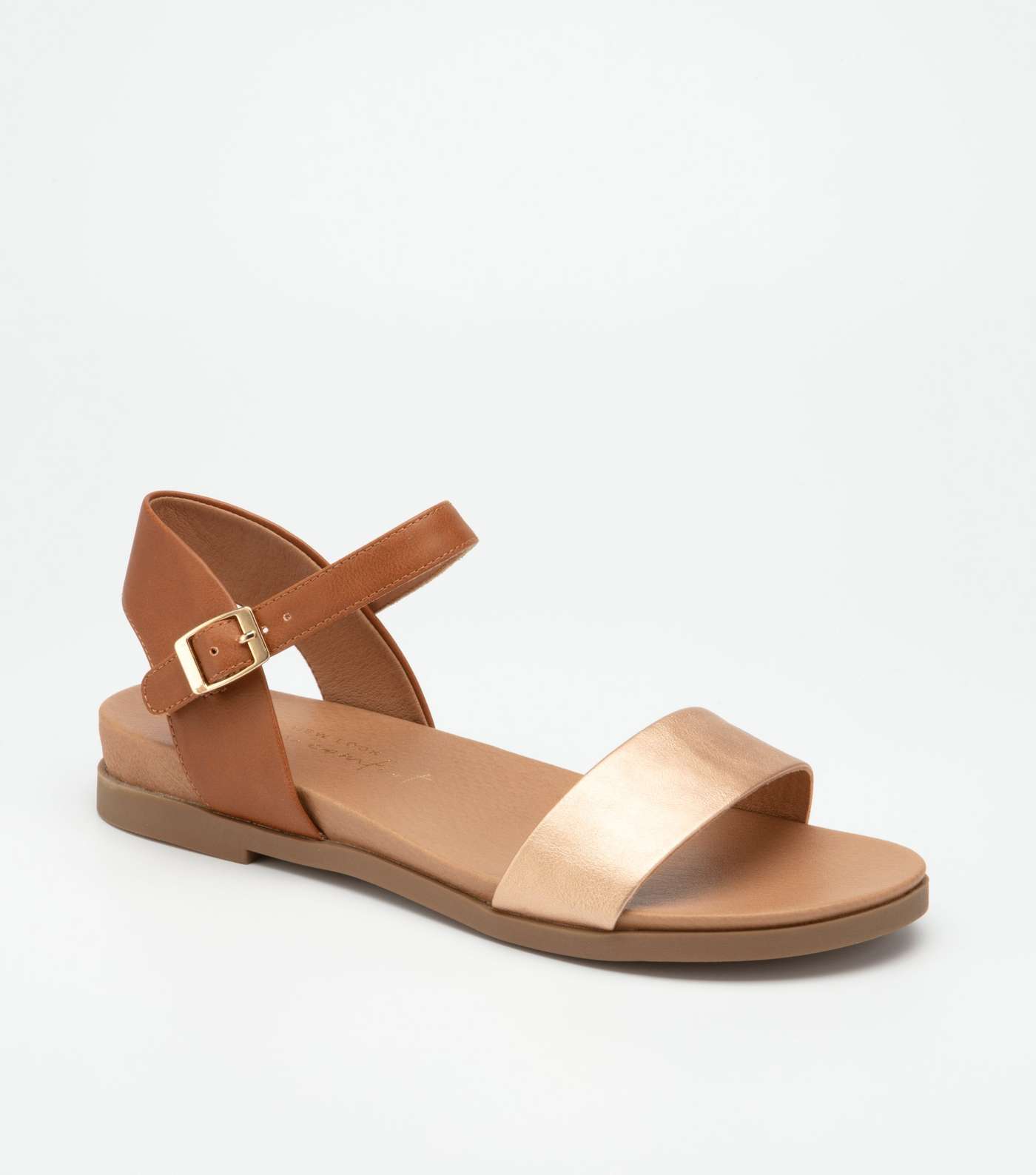 Tan Leather-Look Metallic Footbed Sandals