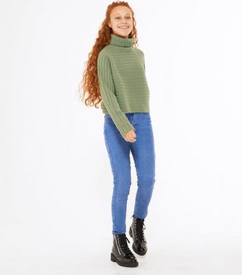 Girls Khaki Ribbed Knit Roll Neck Jumper New Look