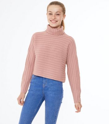 Mid Pink Ribbed Knit Roll Neck Jumper 