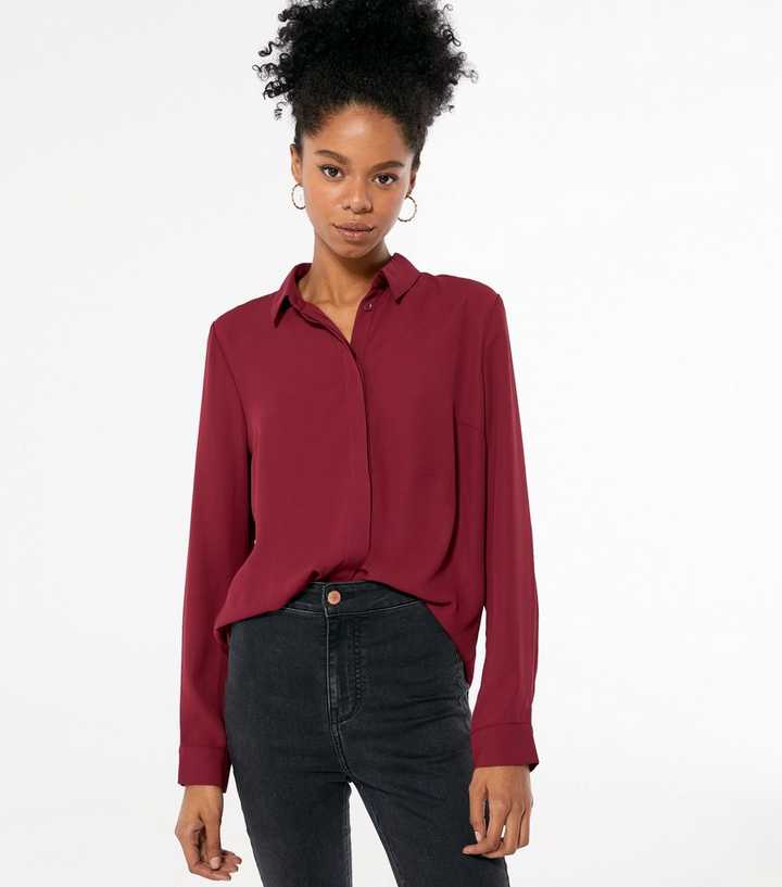 red long sleeve button down shirt women's