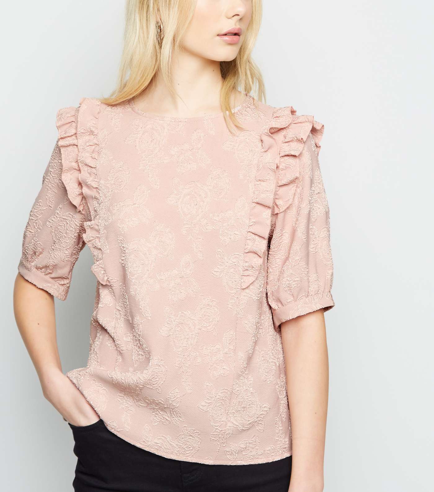 Pale Pink Floral Jacquard Frill Trim T-Shirt